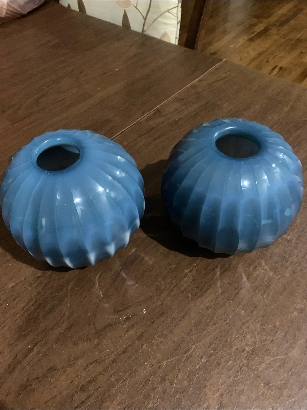Blue Ribbed Glass Candle Holders - Set of 2